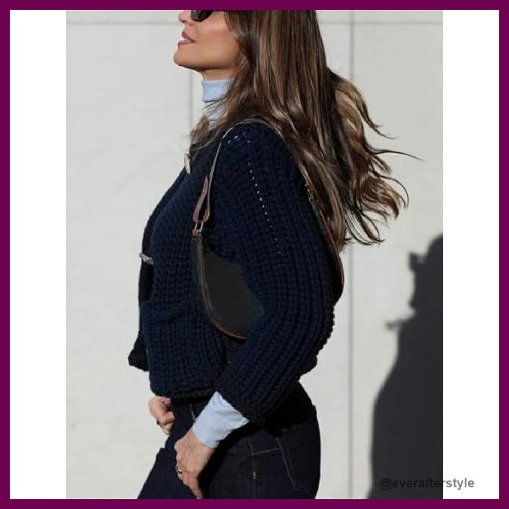 Cropped Cardigan Sweater Chunky Knit Button Down Oversized Chic Fall - Picture 4 of 8